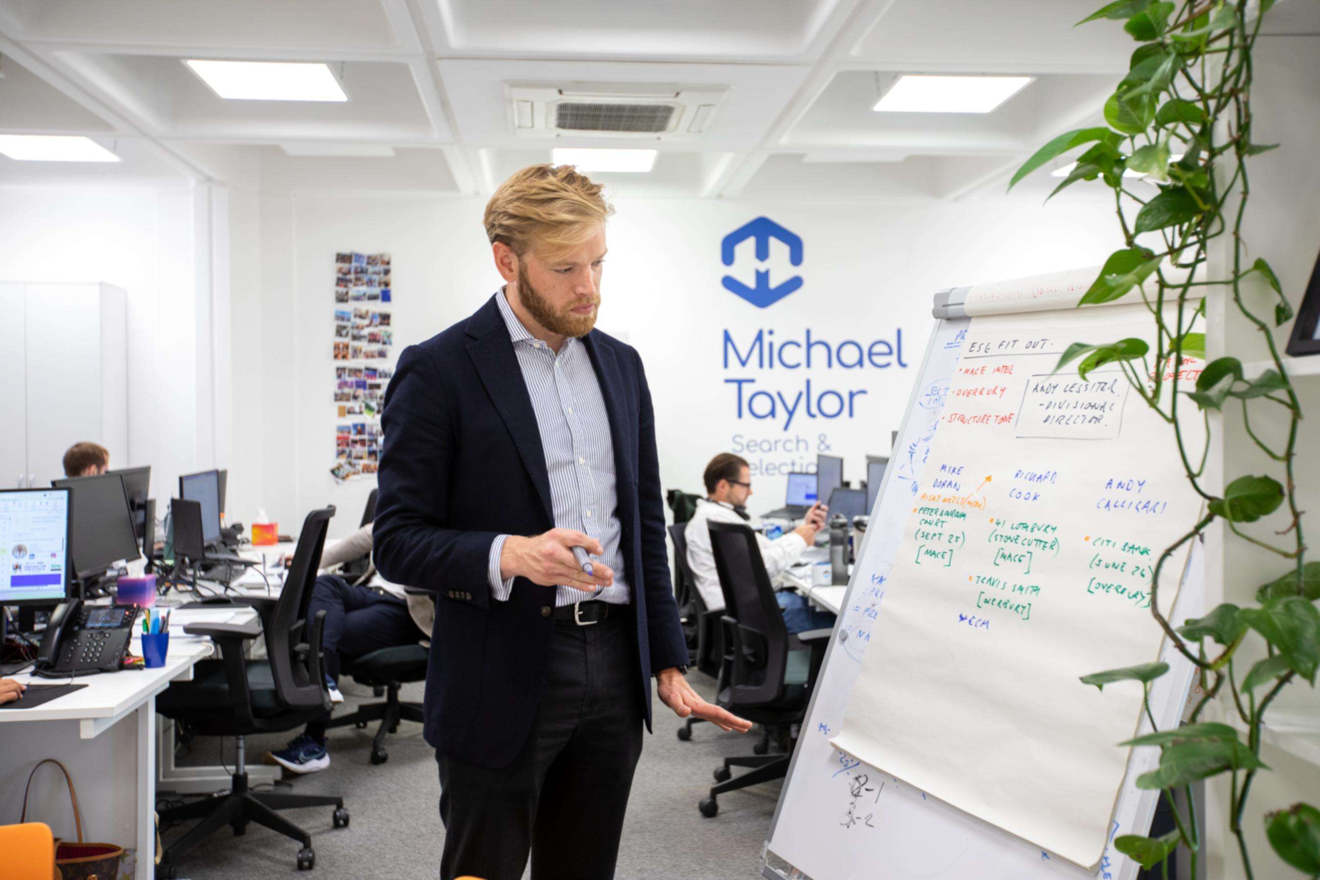 Business professional giving office presentation with flipchart in modern workplace