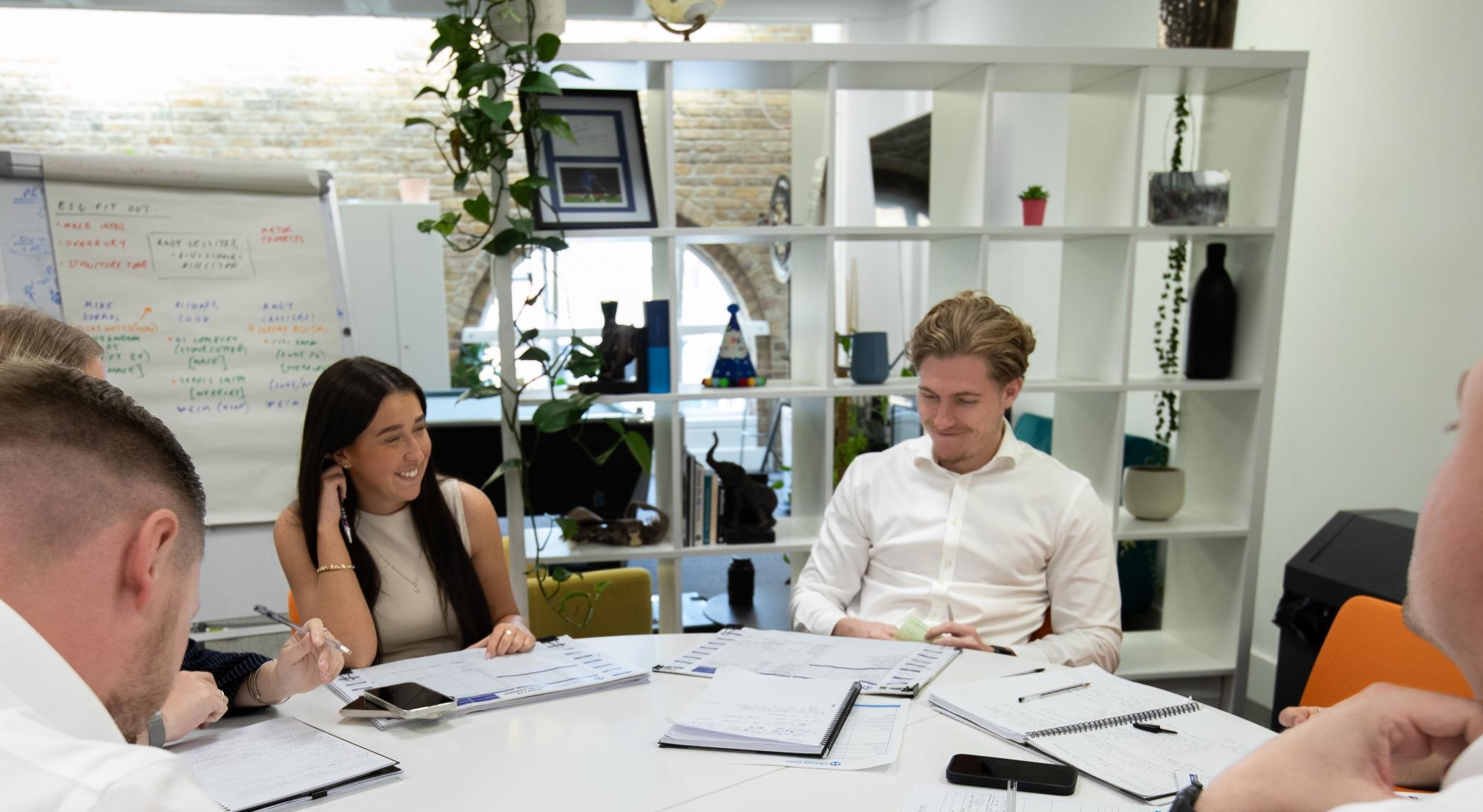 Office team in a meeting around a table with notes and flipchart
