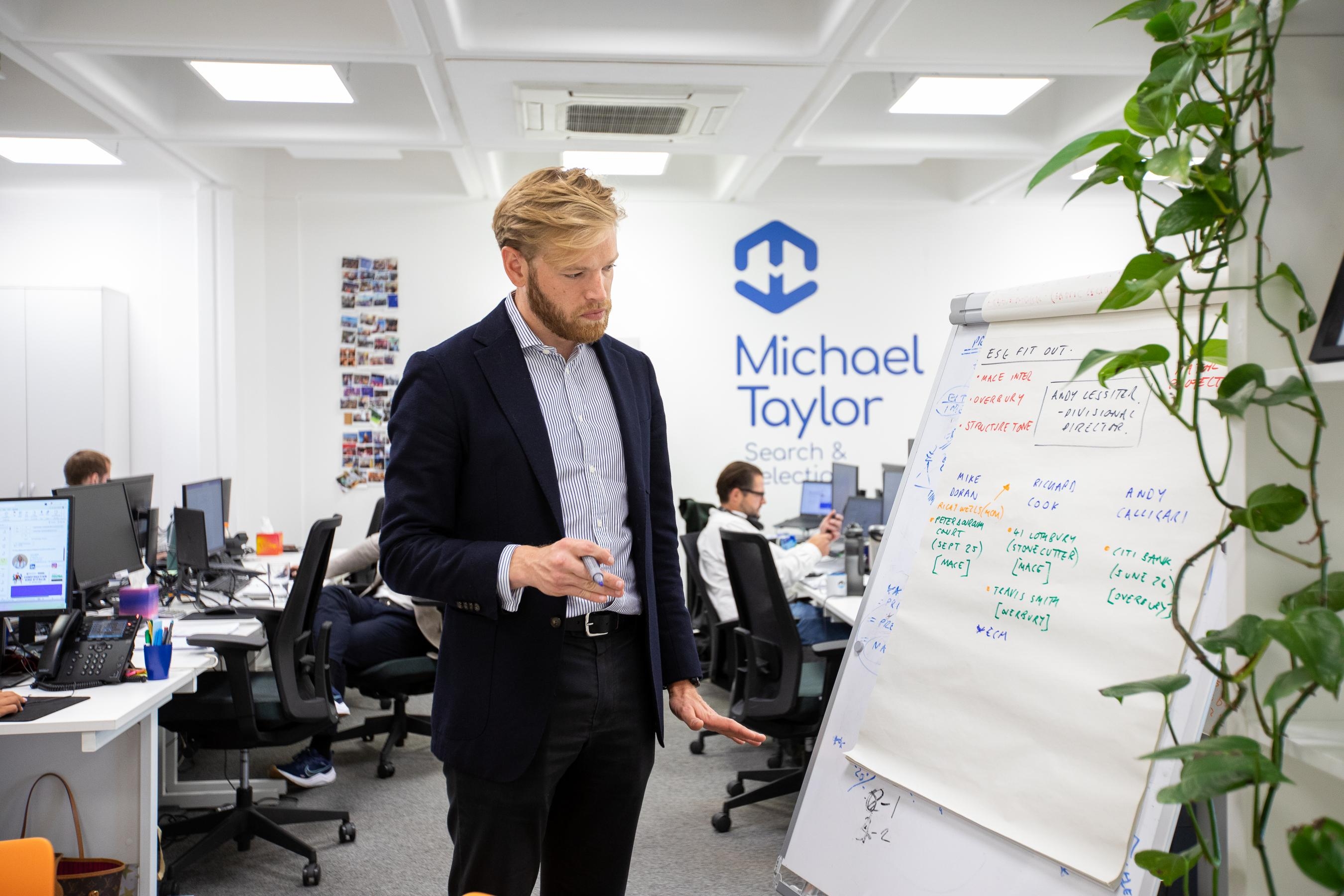Business professional giving office presentation with flipchart in modern workplace