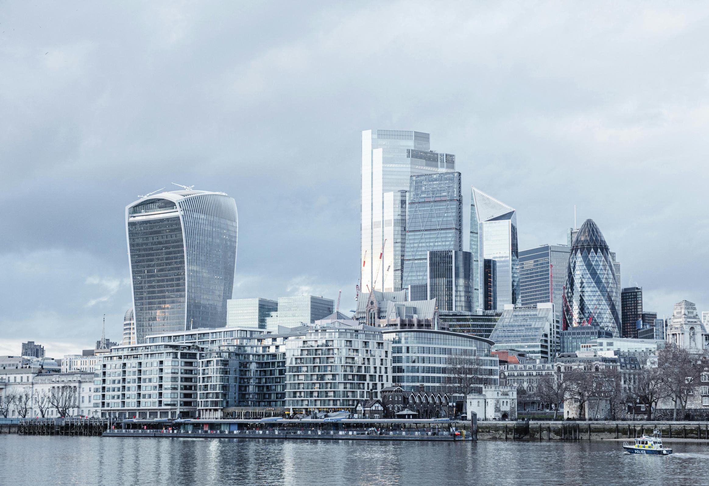 Modern London skyline with skyscrapers including the Walkie Talkie and Gherkin buildings